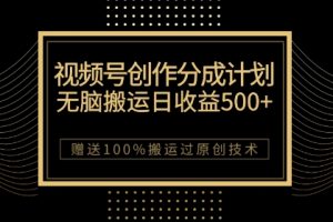 最新视频号创作分成计划，无脑搬运一天收益500+，100%搬运过原创技巧【揭秘】